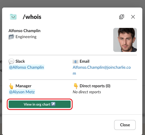 The /whois window in Slack showing a colleague's profile, with the View in org chart button highlighted