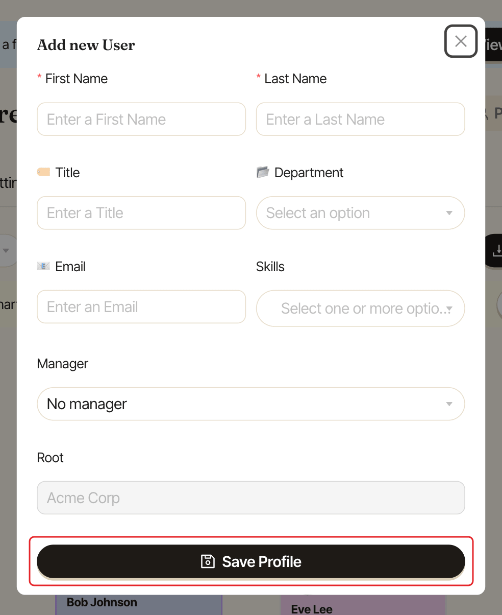 The Add new User window, with the Save Profile button highlighted