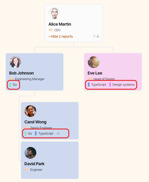 Org chart cards showing each person's skills under their job title, with the skills highlighted