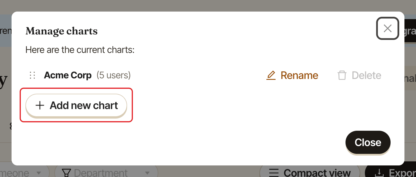 The Manage charts window, with the Add new chart button highlighted