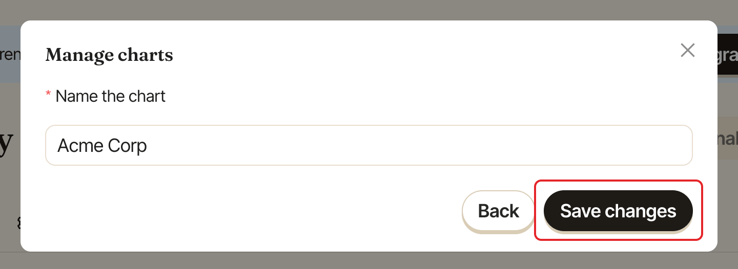 The chart rename form, with the Save changes button highlighted