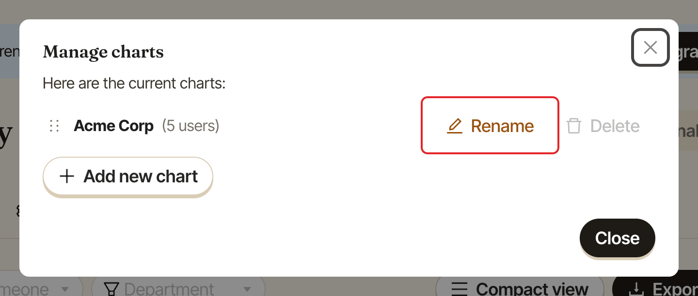 The Manage charts window, with the Rename button highlighted