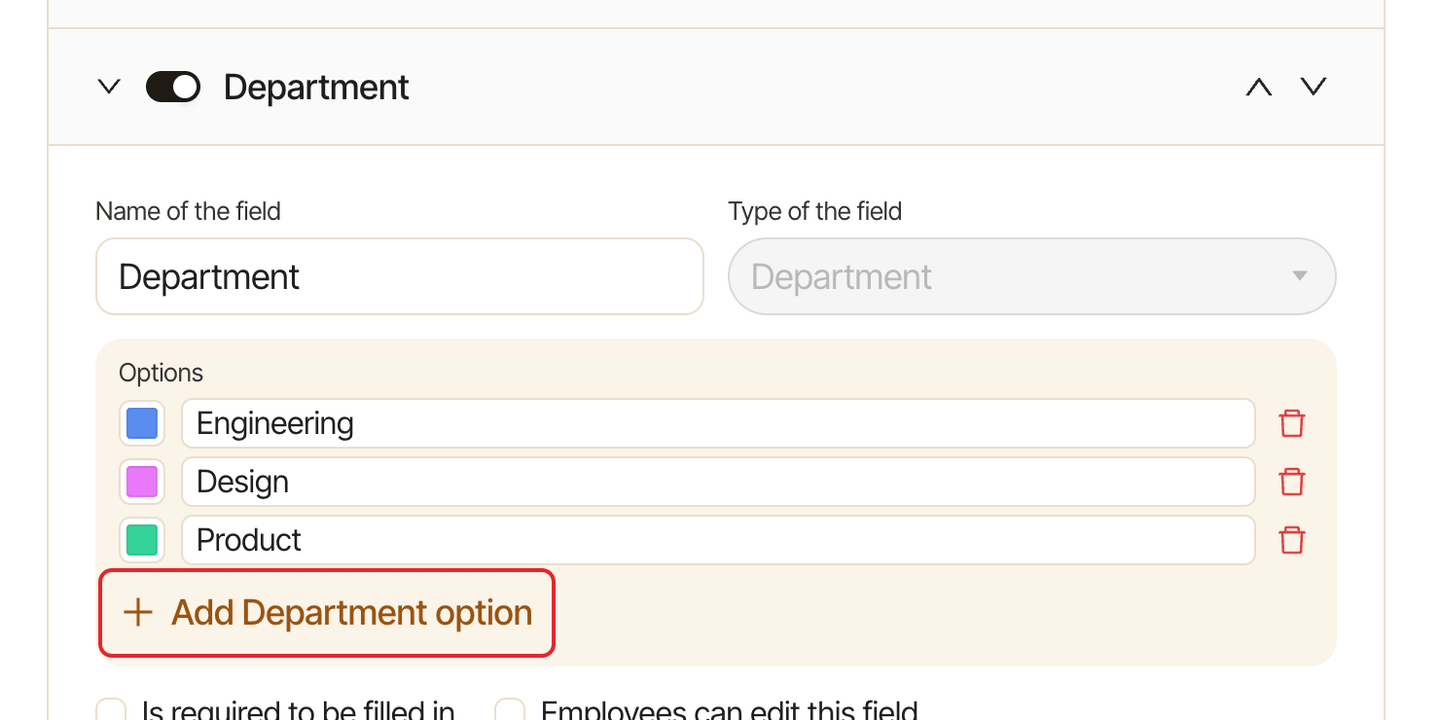 The Department field, with the Add Department option button highlighted