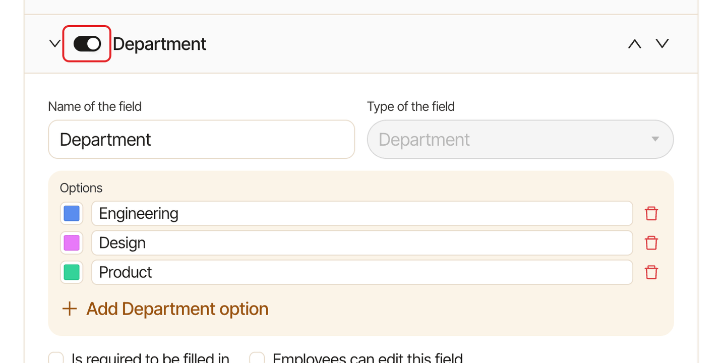 The Department field in the Edit fields on employees window, with its on/off switch highlighted