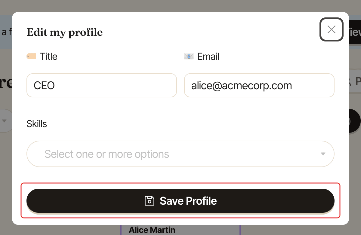 The Edit my profile window, with the Save Profile button highlighted