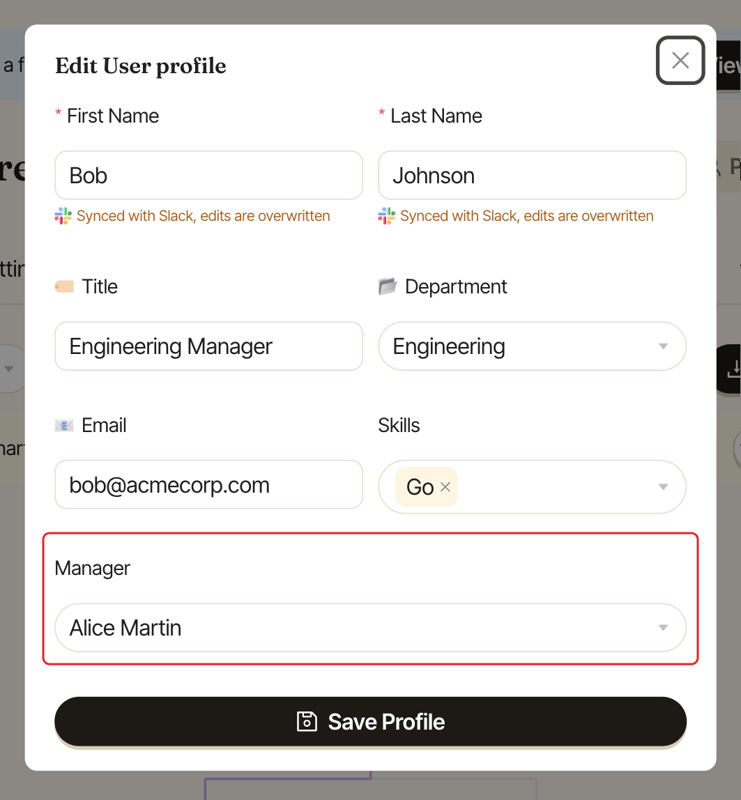 The Edit User profile window, with the Manager dropdown highlighted