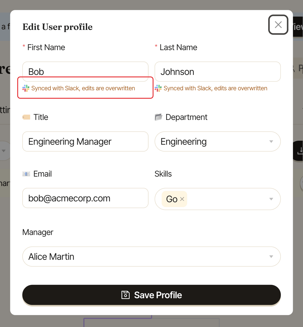 The Edit User profile window, with the Synced with Slack hint highlighted