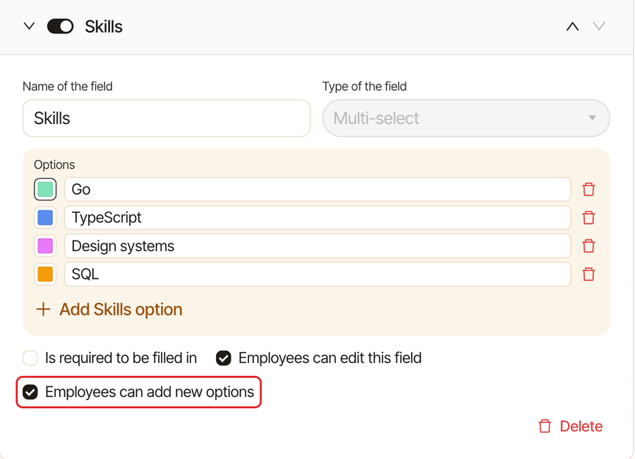 A Multi-select field in the Edit fields on employees window, with Employees can add new options highlighted