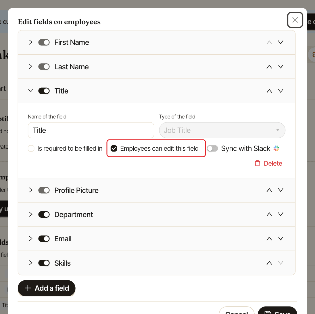 A field opened in the Edit fields on employees window, with Employees can edit this field highlighted