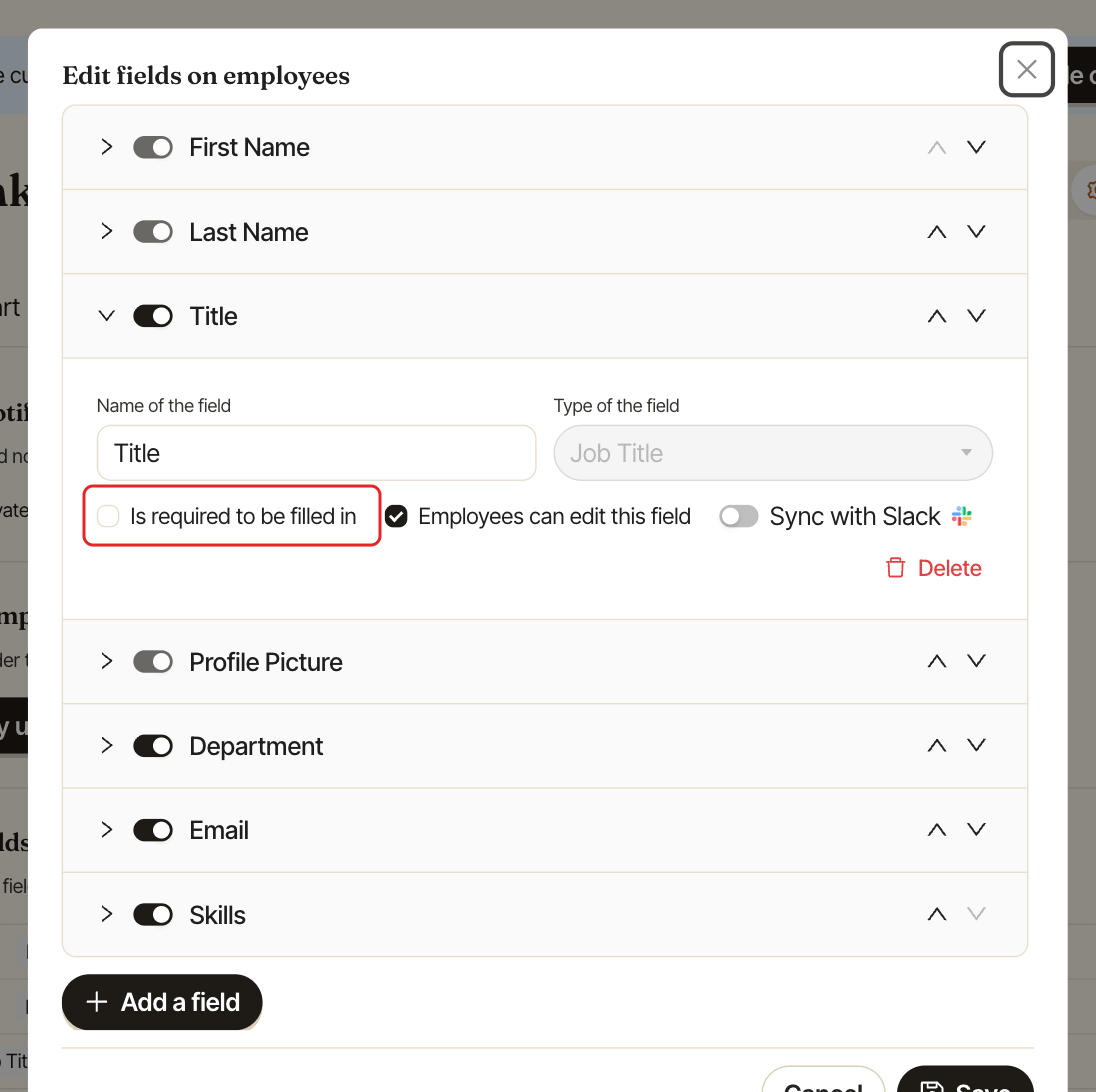 A field opened in the Edit fields on employees window, with Is required to be filled in highlighted