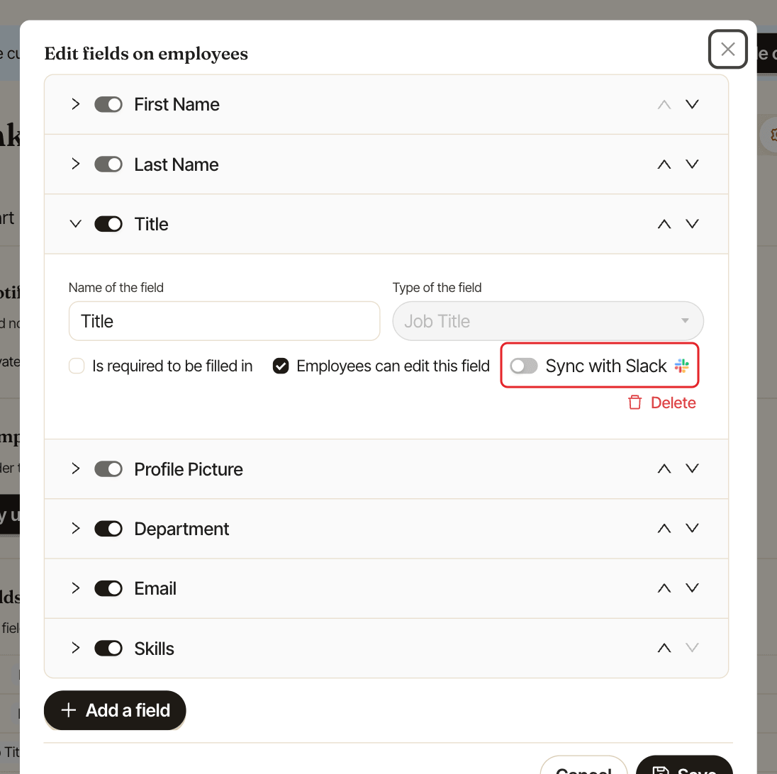 A field opened in the Edit fields on employees window, with the Sync with Slack switch highlighted