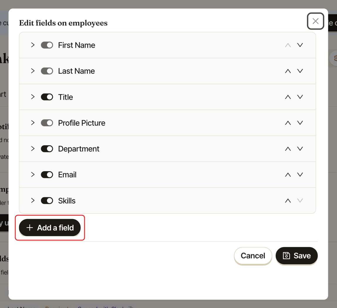 The Edit fields on employees window, with the Add a field button highlighted