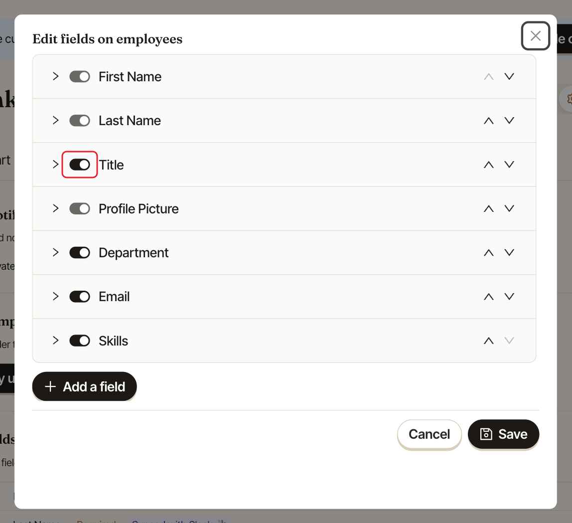 The Edit fields on employees window, with a field's on/off switch highlighted