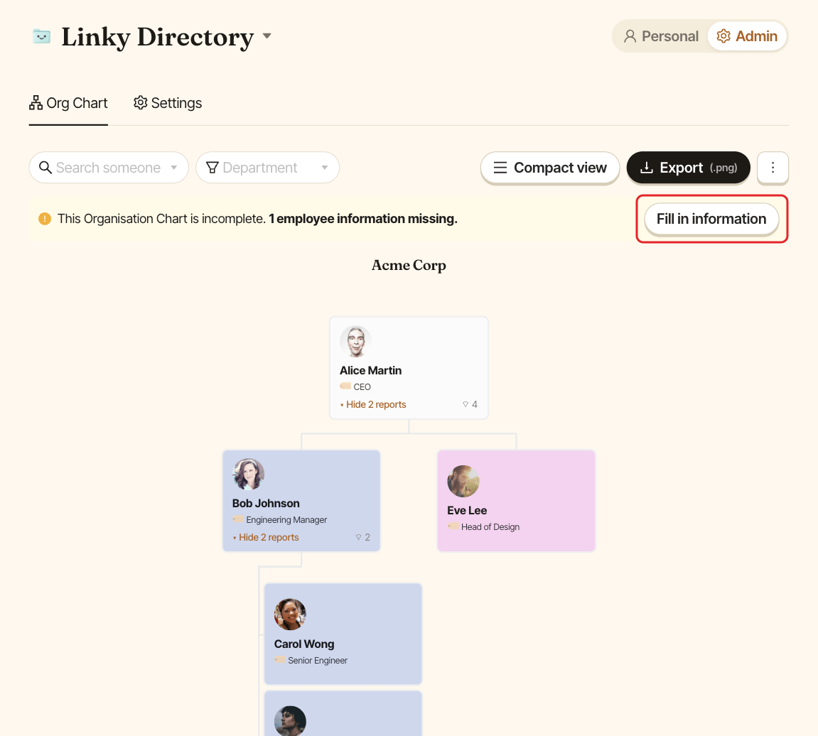The org chart, with the Fill in information button in the incomplete chart warning highlighted