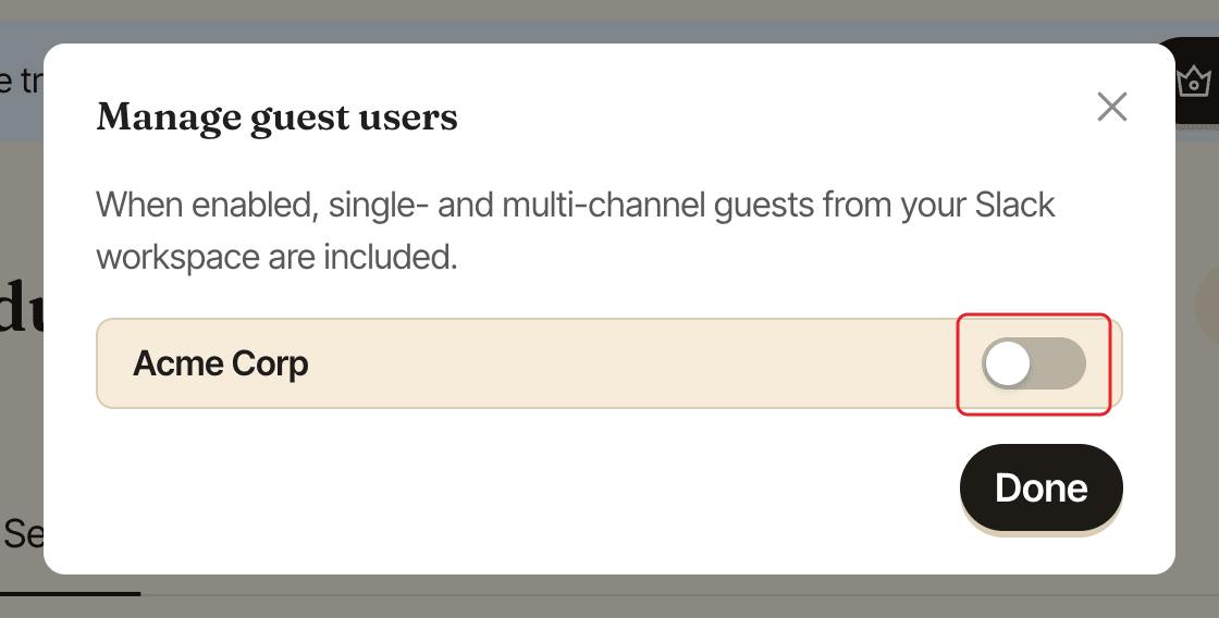 The Manage guest users window, with the switch next to the Slack workspace highlighted