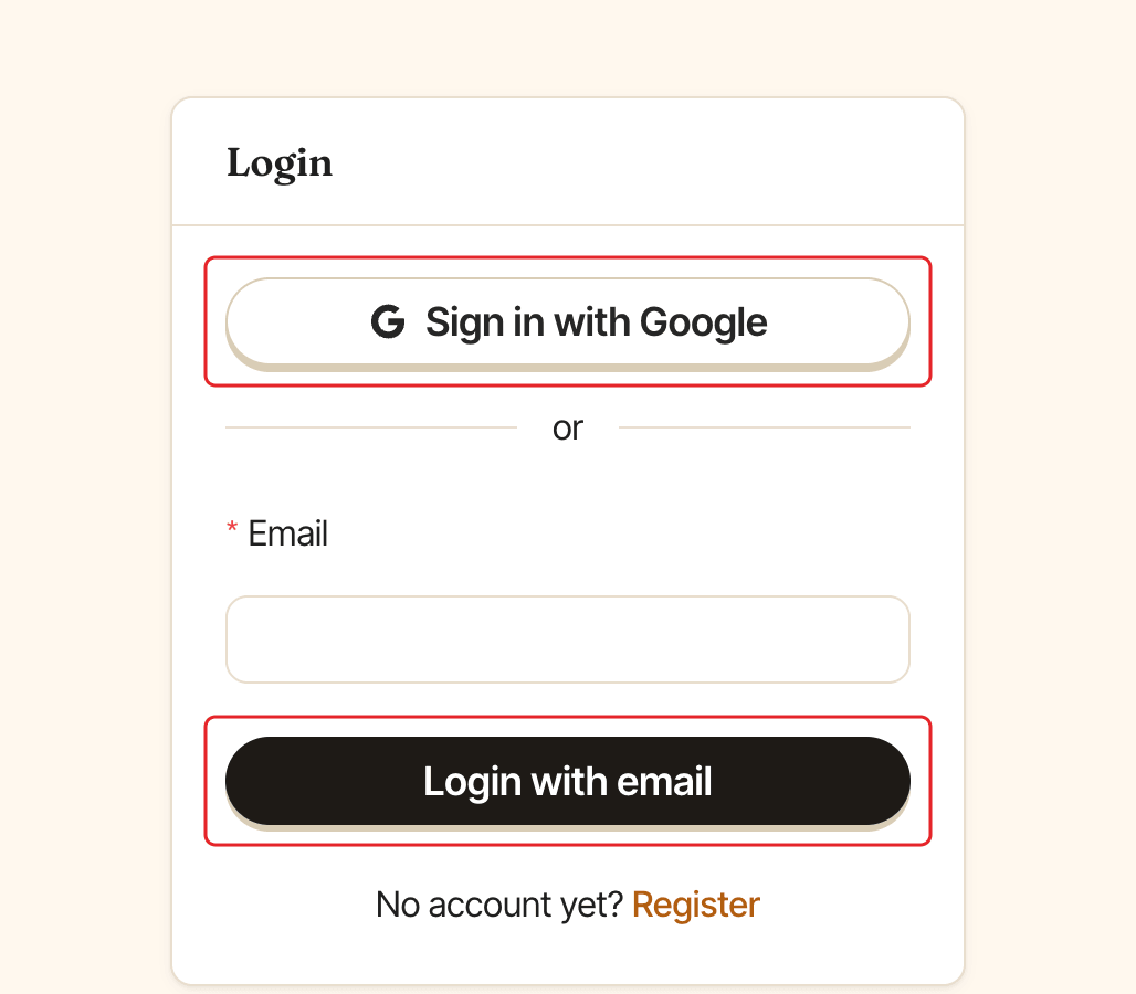 The BuddiesHR login page, with the Sign in with Google and Login with email buttons highlighted