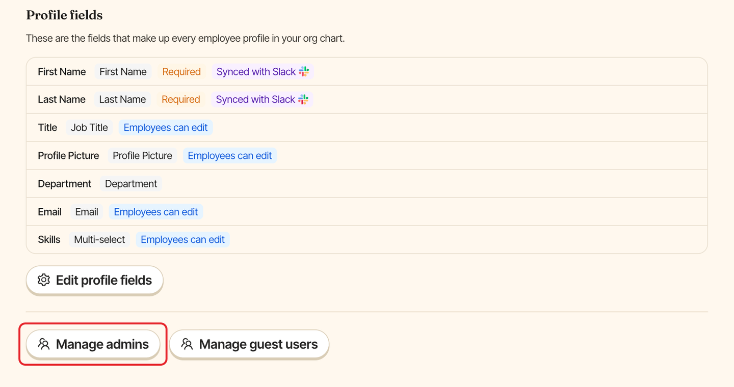 The Linky Settings tab, with the Manage admins button highlighted