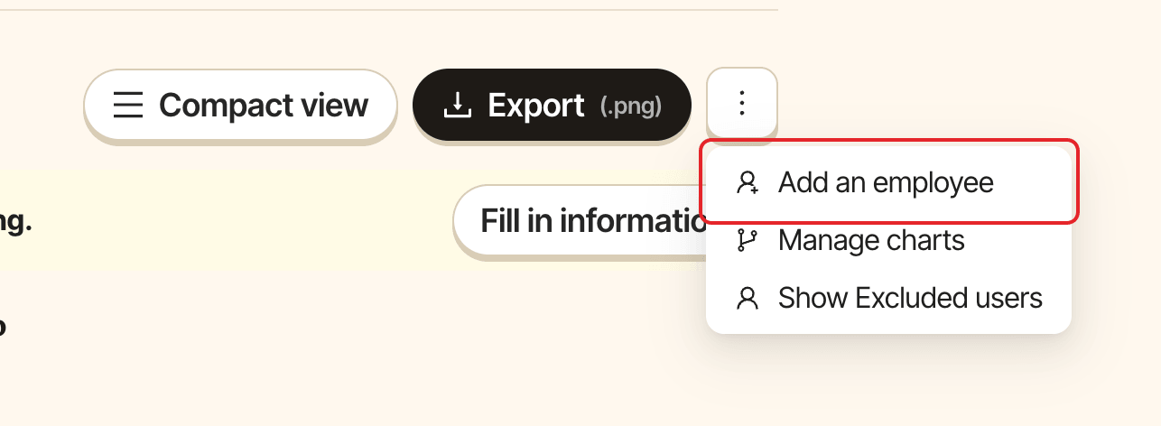 The org chart's more menu, with Add an employee highlighted