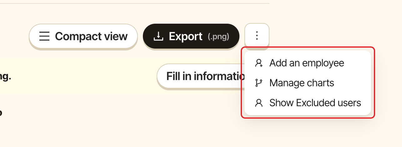 The org chart's more menu, with Add an employee, Manage charts and Show Excluded users highlighted