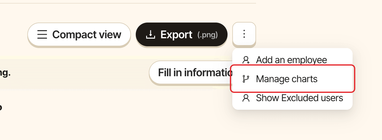 The org chart's more menu, with Manage charts highlighted