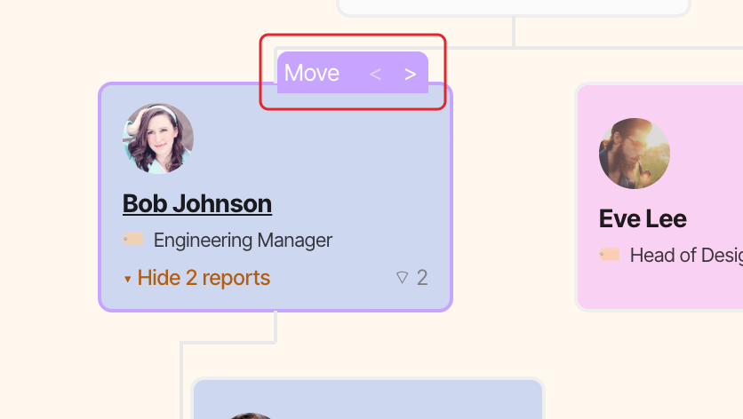 A card hovered on the org chart, with the Move label and its arrows highlighted
