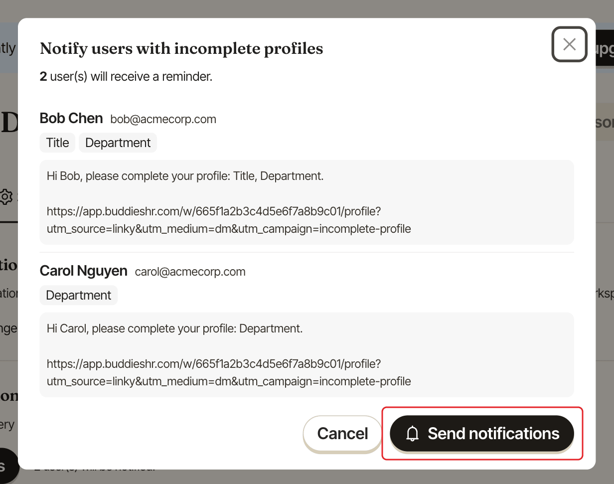 The Notify users with incomplete profiles window, with the Send notifications button highlighted