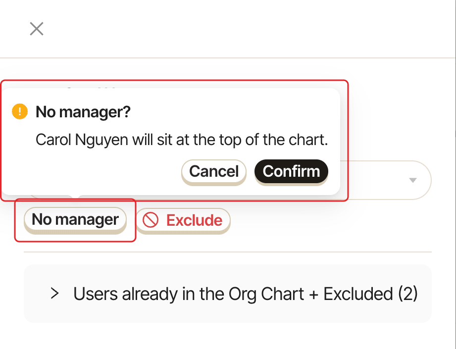 The people list, with the No manager button and its confirmation highlighted