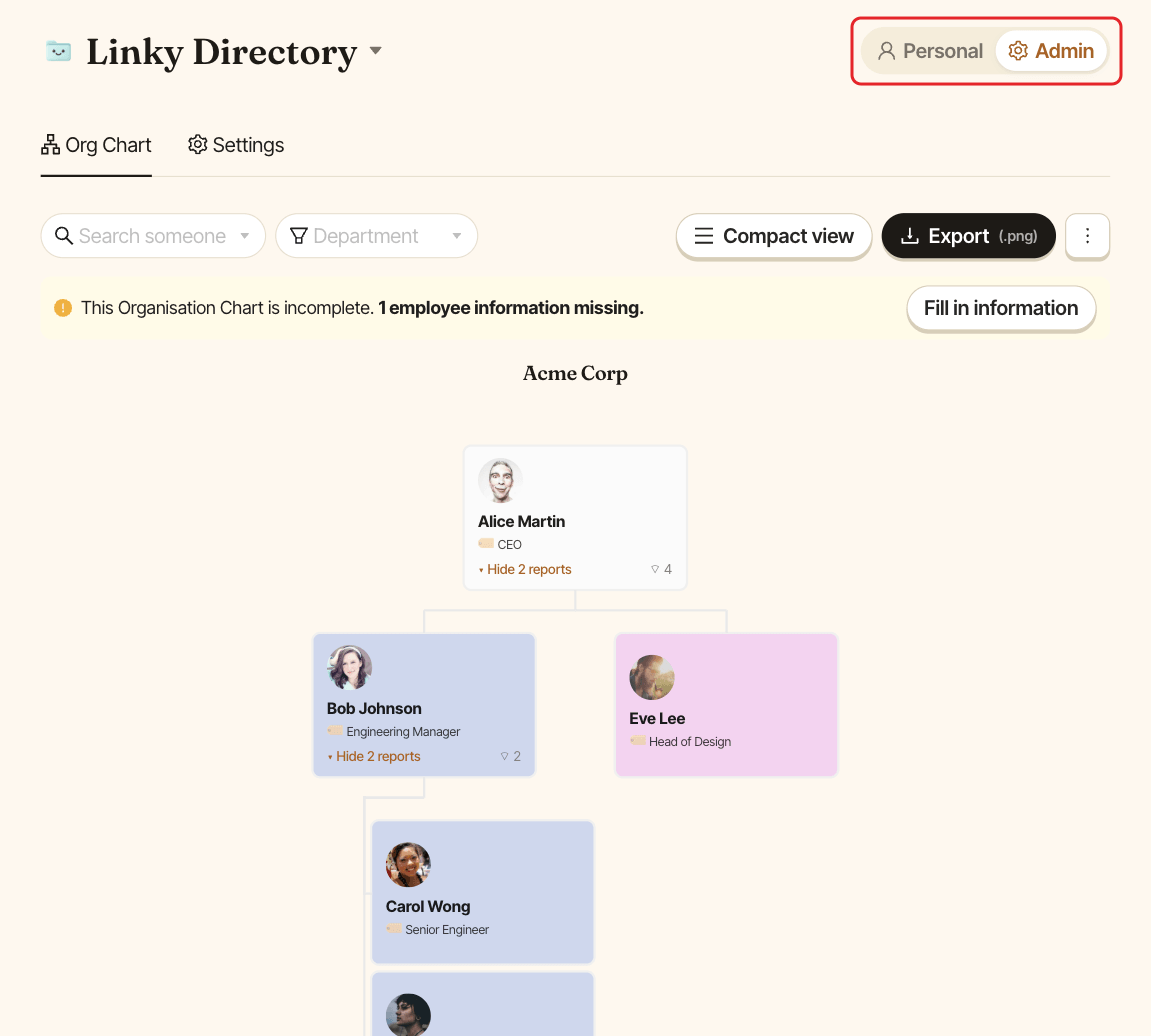 The Linky dashboard, with the Personal and Admin switch highlighted