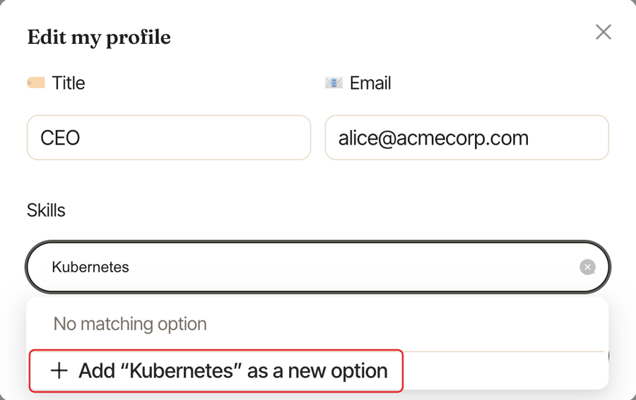 The Edit my profile window, with the Add as a new option button under the Skills field highlighted