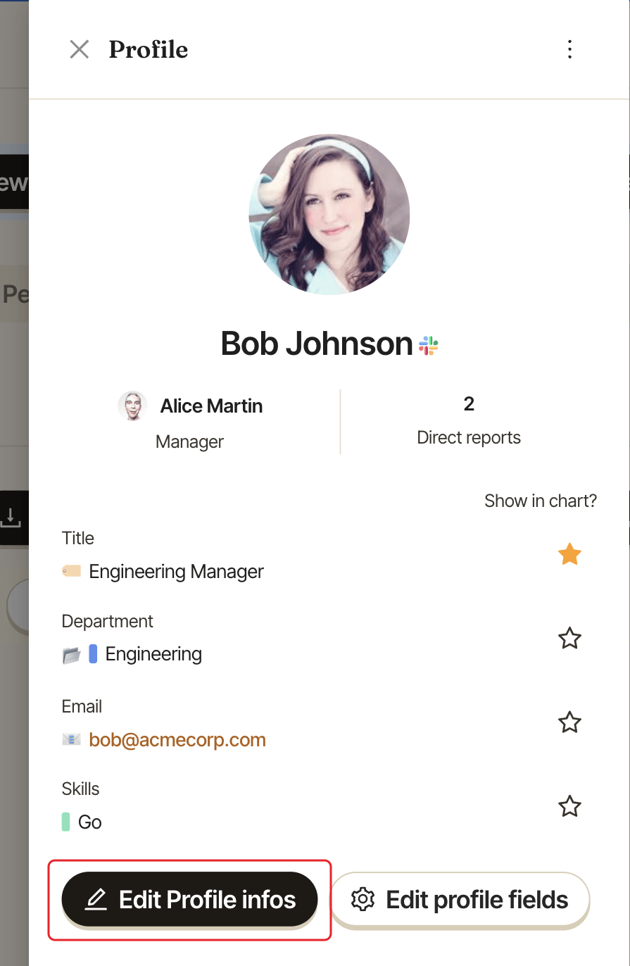 The Profile panel, with the Edit Profile infos button highlighted