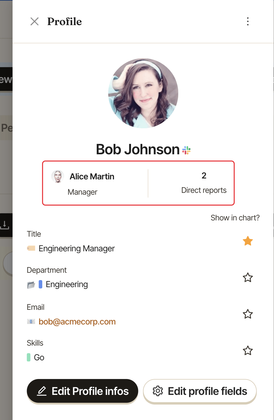 The Profile panel, with the Manager and Direct reports stats highlighted