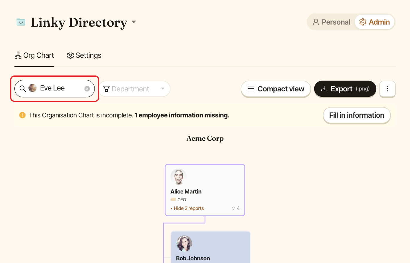 The org chart, with the Search someone field showing a selected person highlighted