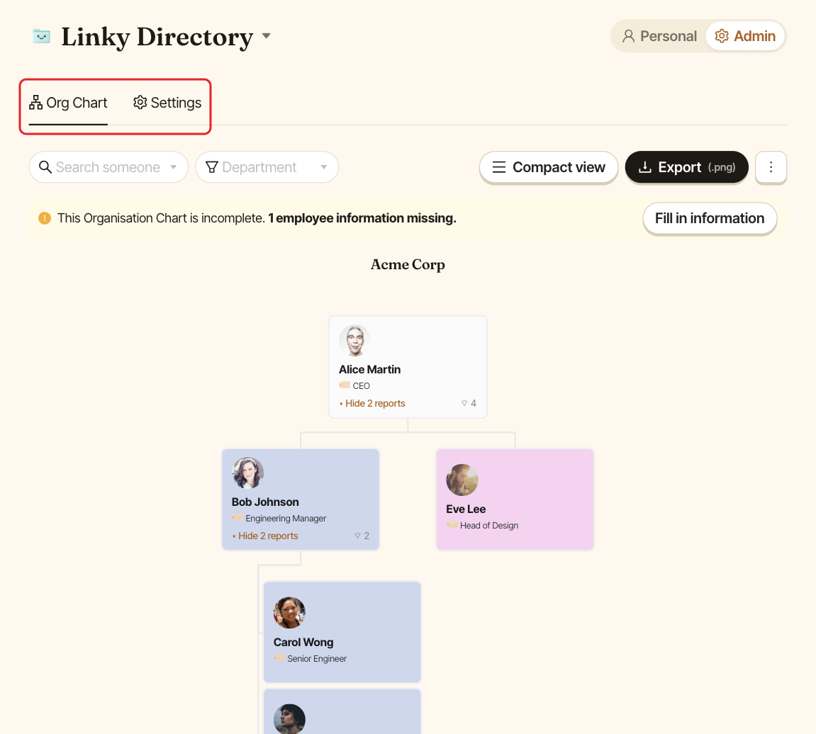 The Linky dashboard in Admin mode, with the Org Chart and Settings tabs highlighted
