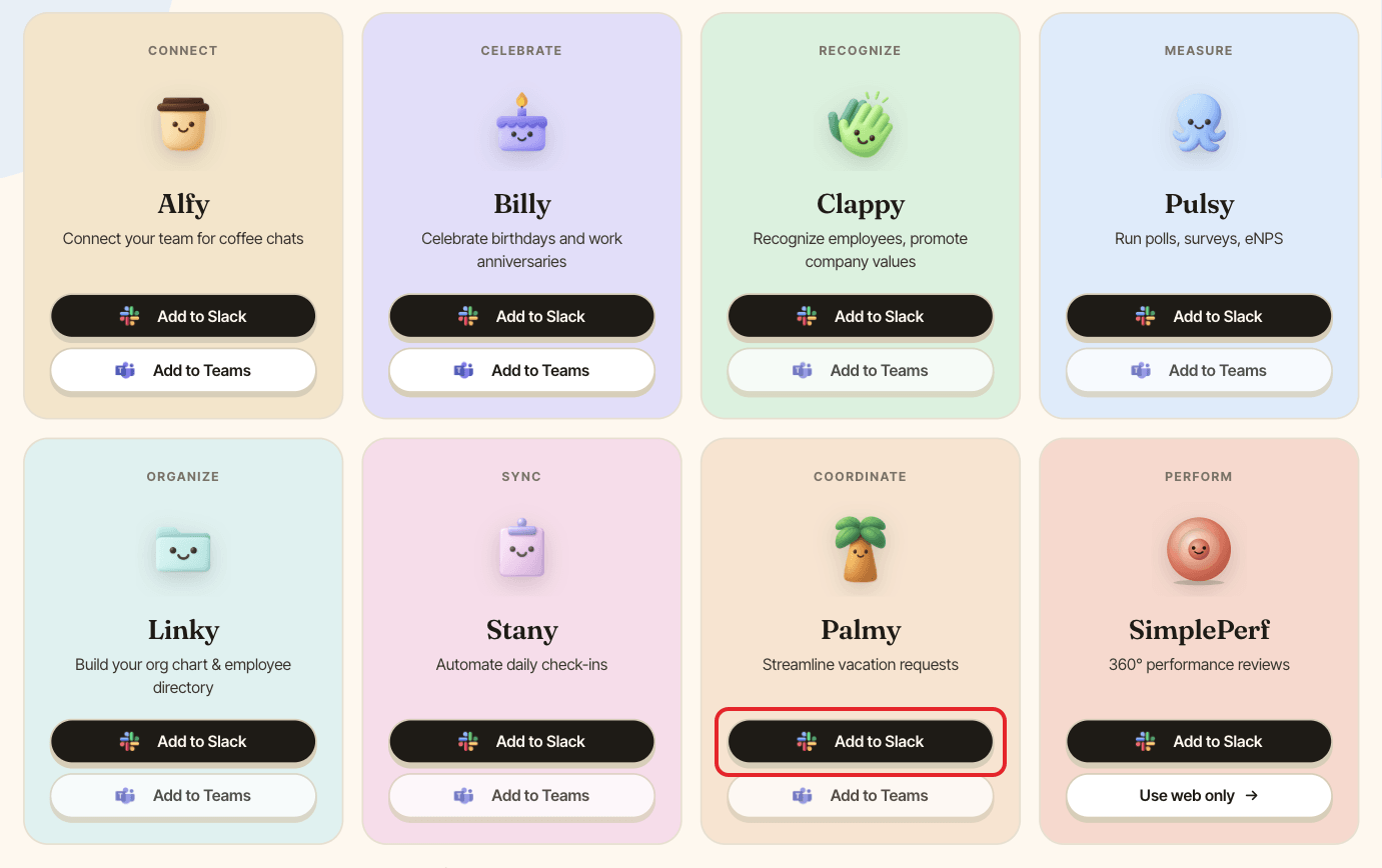 The BuddiesHR Get started page, with Palmy's Add to Slack button highlighted