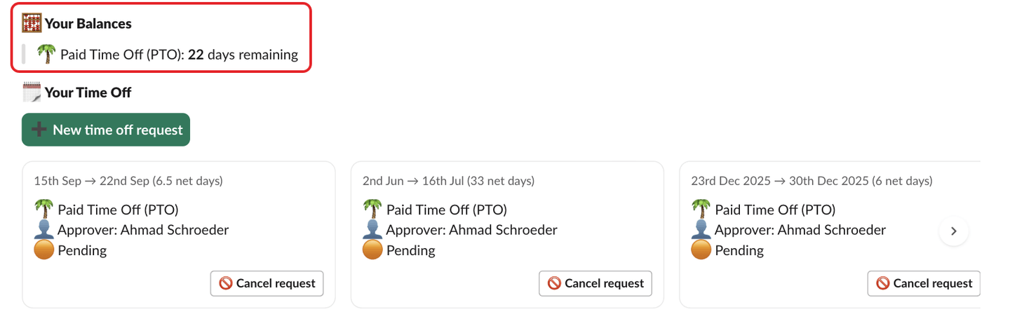 Palmy's Home tab in Slack, with the Your Balances section highlighted