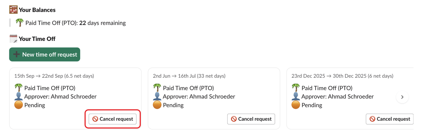 Palmy's Home tab in Slack, with the Cancel request button on a request card highlighted