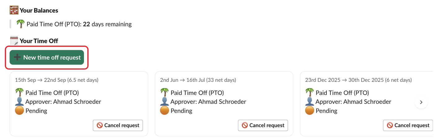 Palmy's Home tab in Slack, with the New time off request button highlighted