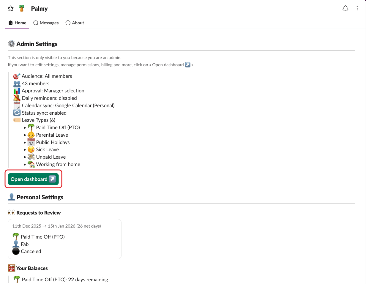 Palmy's Home tab in Slack, with the Open dashboard button highlighted