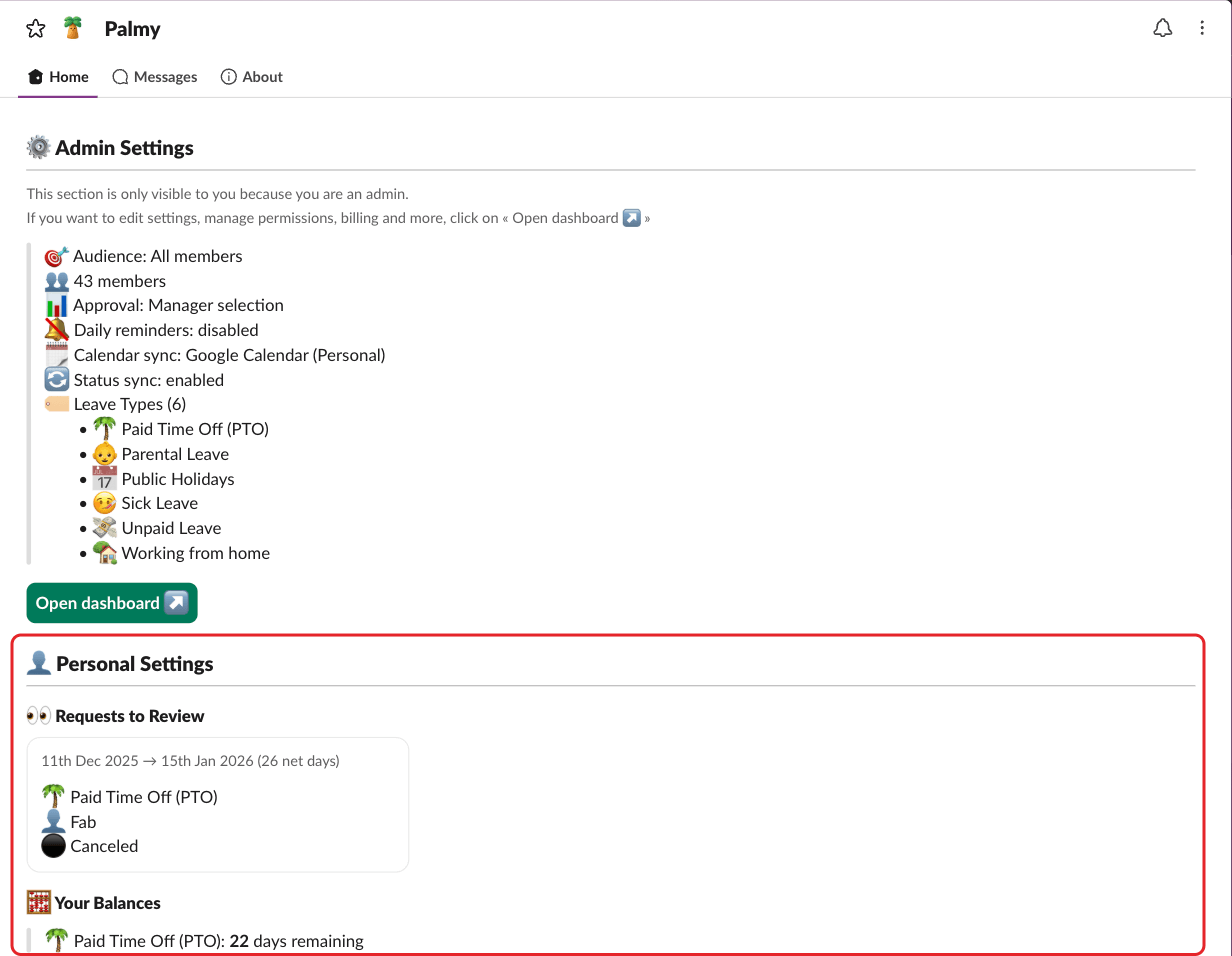 Palmy's Home tab in Slack, with the Personal Settings section highlighted