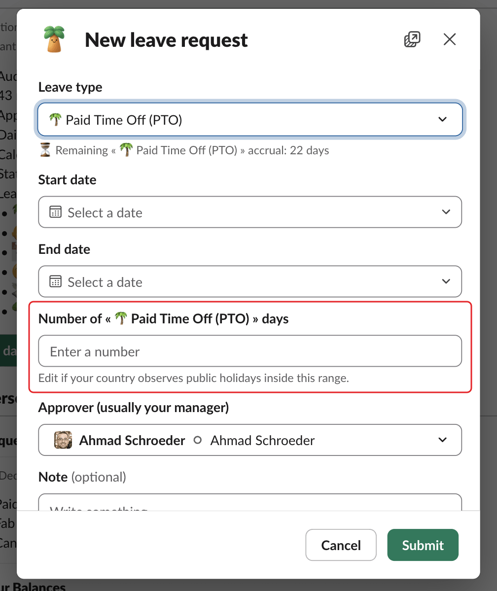 The New leave request window in Slack, with the number of days field and its hint highlighted