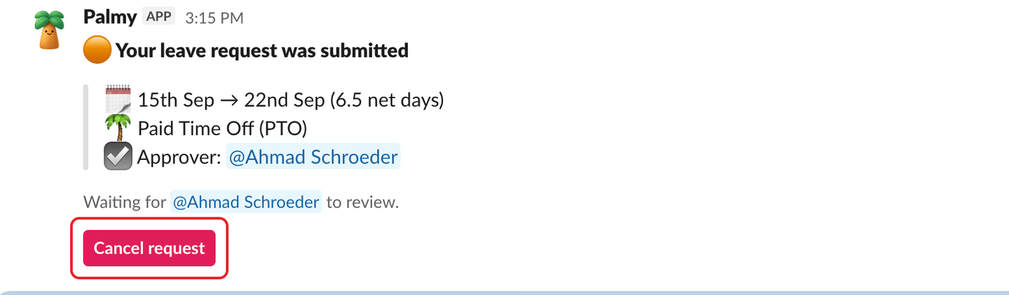 Palmy's confirmation message in Slack, with the Cancel request button highlighted