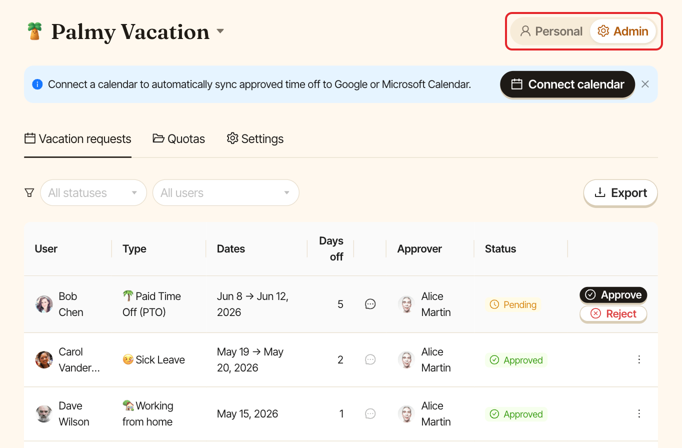 The Palmy dashboard, with the Personal and Admin toggle highlighted
