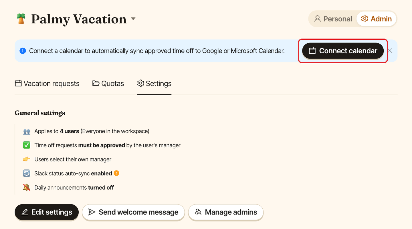 The Palmy dashboard, with the Connect calendar button highlighted