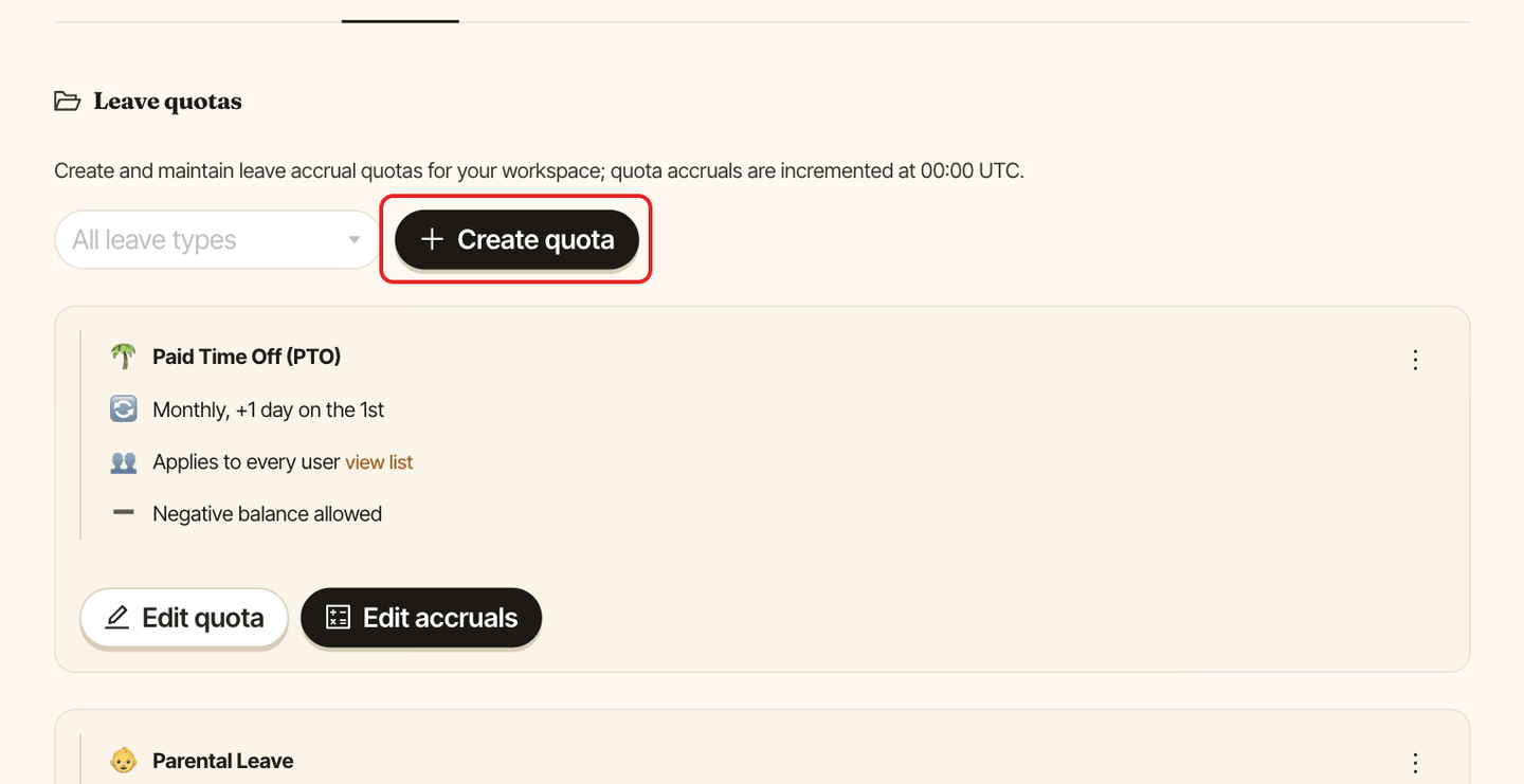The Quotas tab, with the Create quota button highlighted