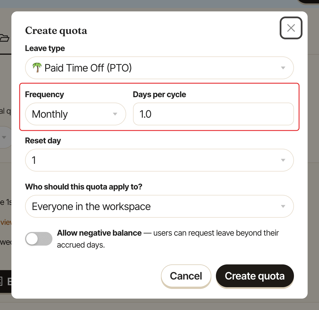 The Create quota window, with the Frequency and Days per cycle fields highlighted