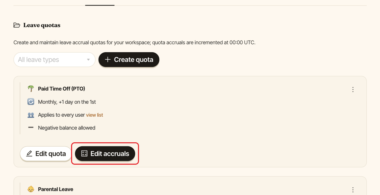 The Quotas tab, with the Edit accruals button on a quota card highlighted