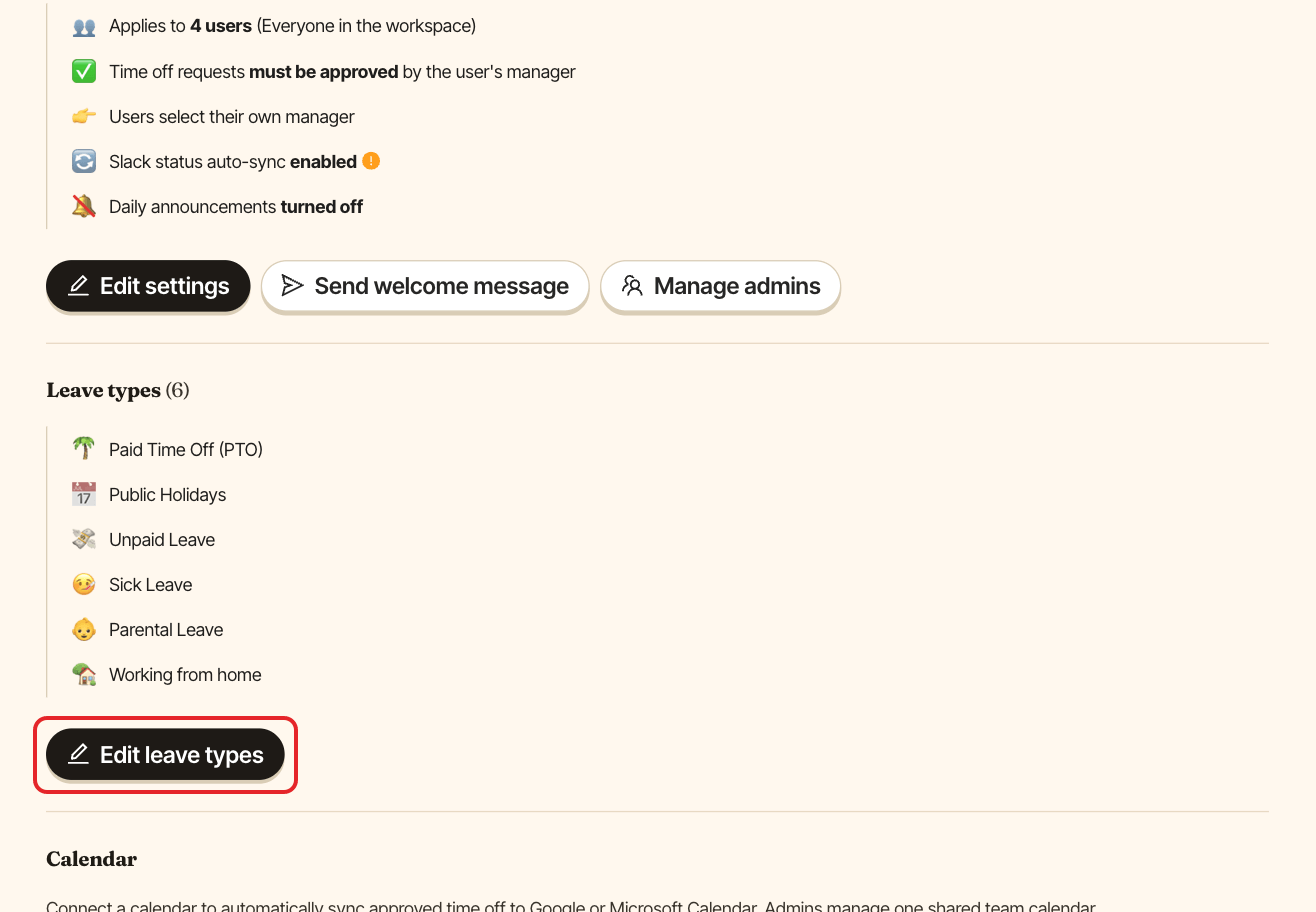 The Palmy Settings tab, with the Edit leave types button highlighted