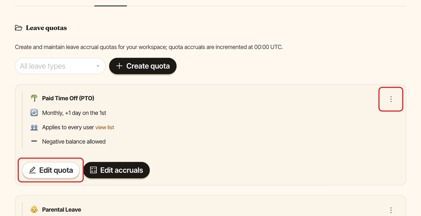A quota card, with the Edit quota button and its more menu highlighted