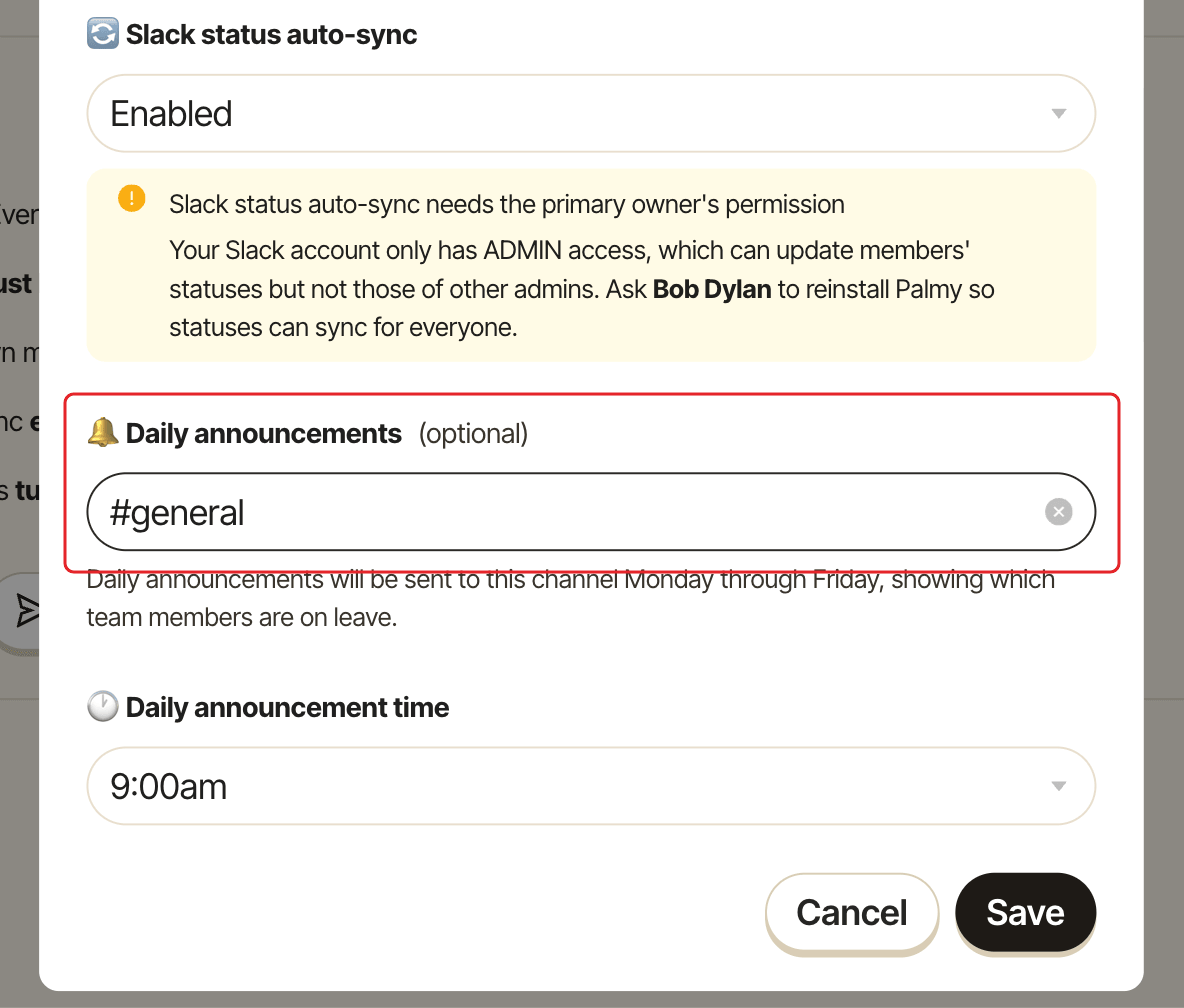 The Edit settings window, with the Daily announcements channel picker highlighted