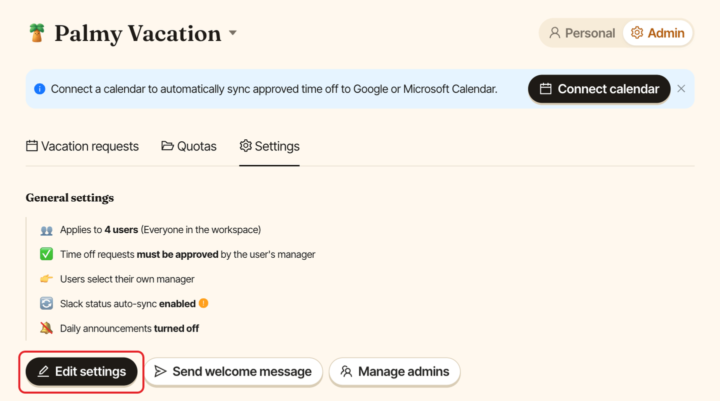 The Palmy Settings tab, with the Edit settings button highlighted